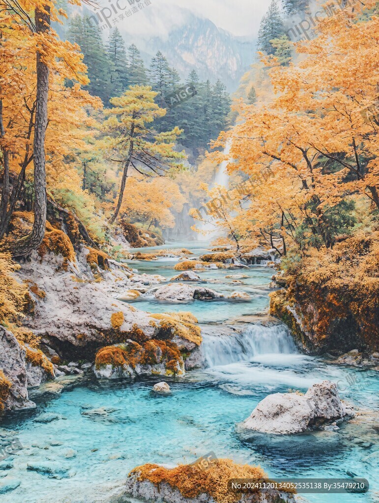 金秋秋色紅葉雪山河谷