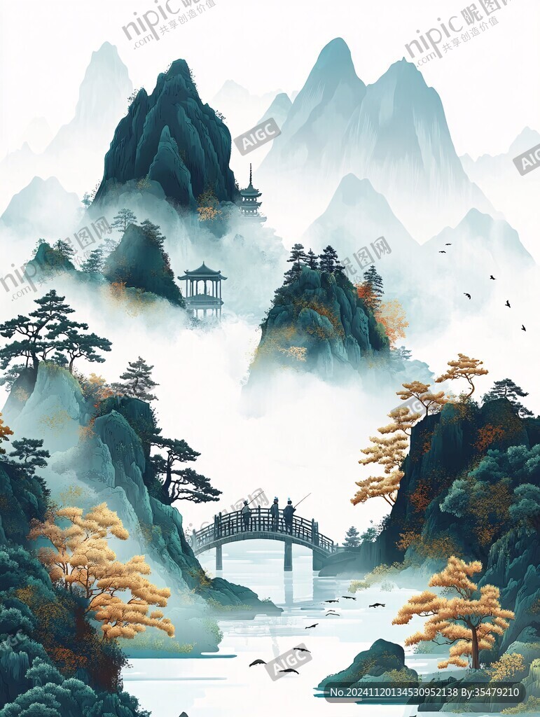 新中式樓閣山水