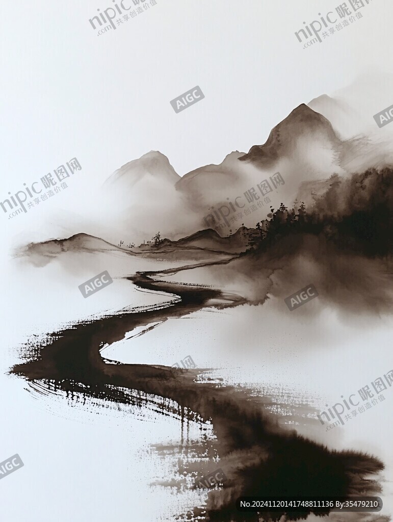 水墨山水倒影禪境
