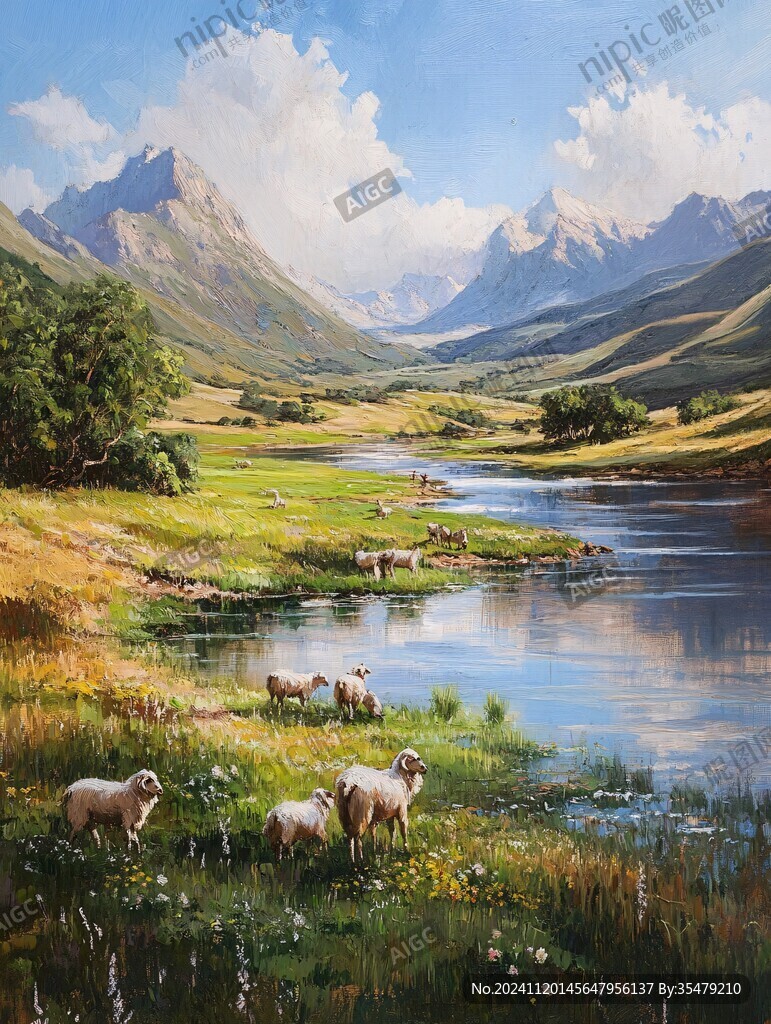 牧羊油畫