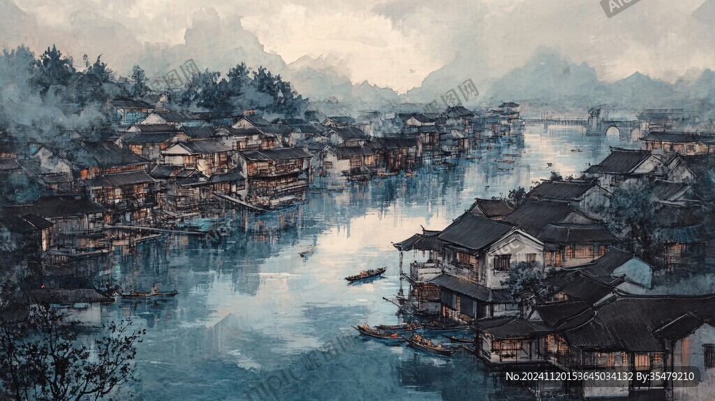 插畫橫店水彩水墨山水
