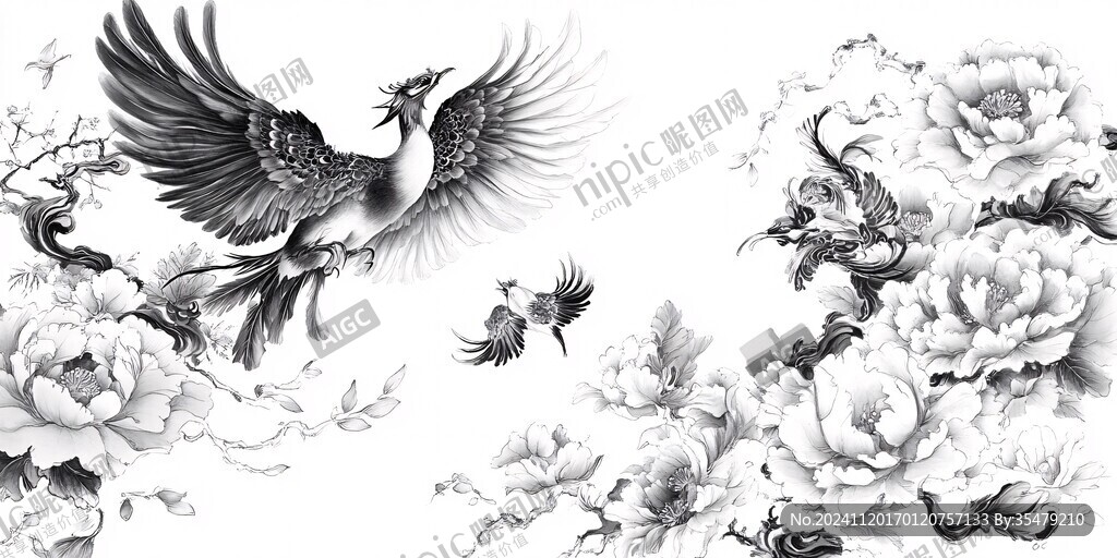 鳳凰牡丹灰度圖