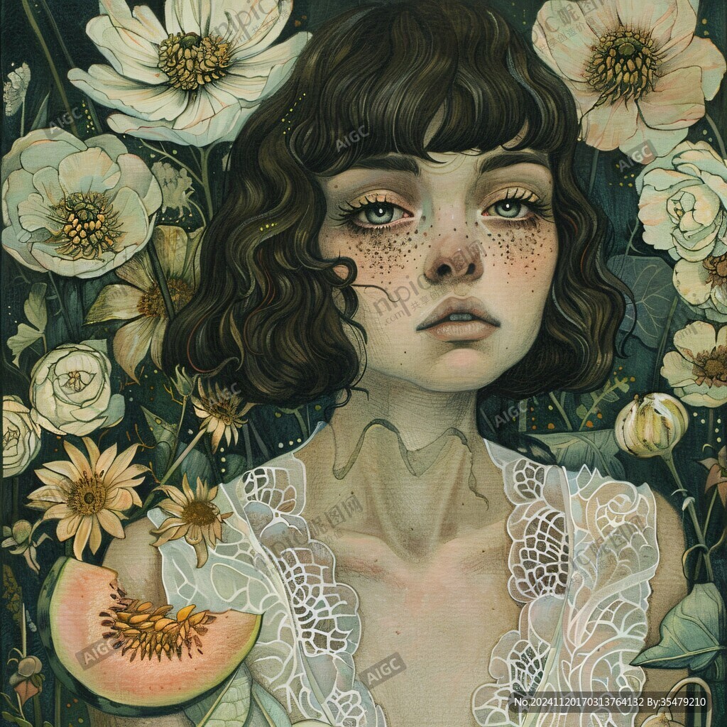 少女與花插畫