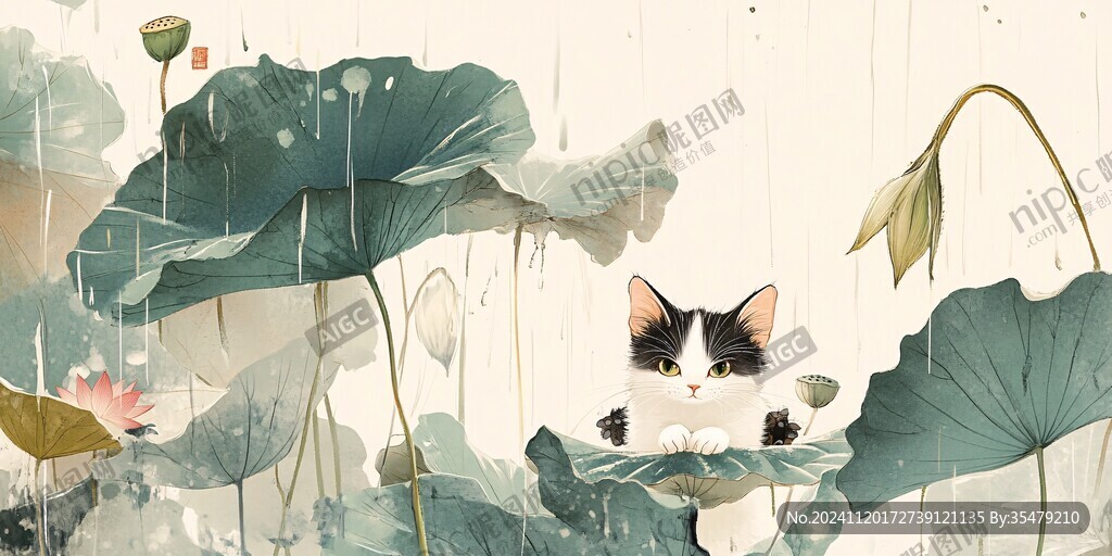 雨天傘下躲雨貓咪插畫