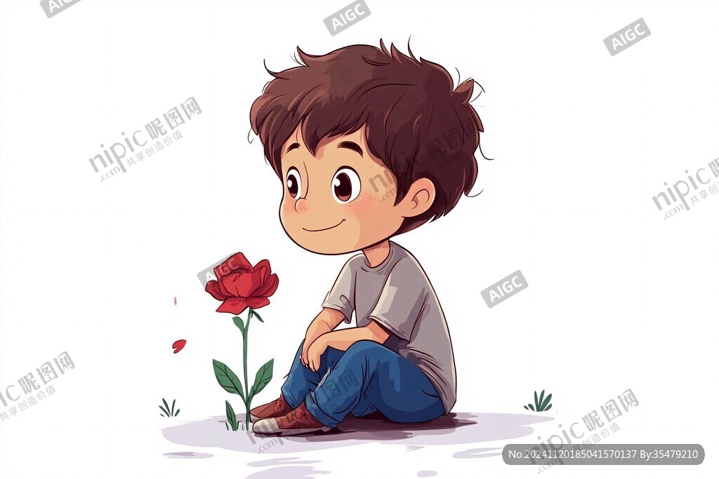 男孩捧花插畫