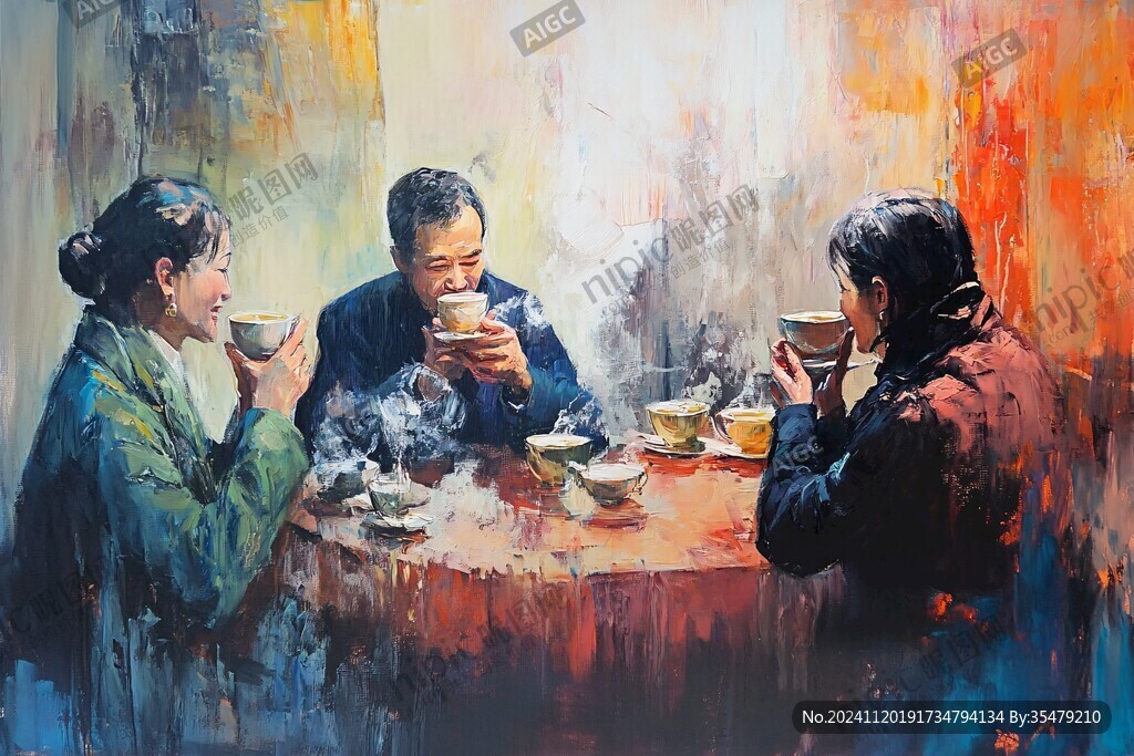 茶館場(chǎng)景油畫