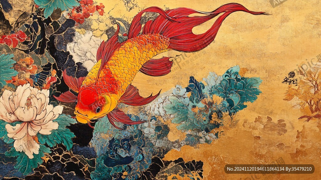 金色牡丹九魚圖