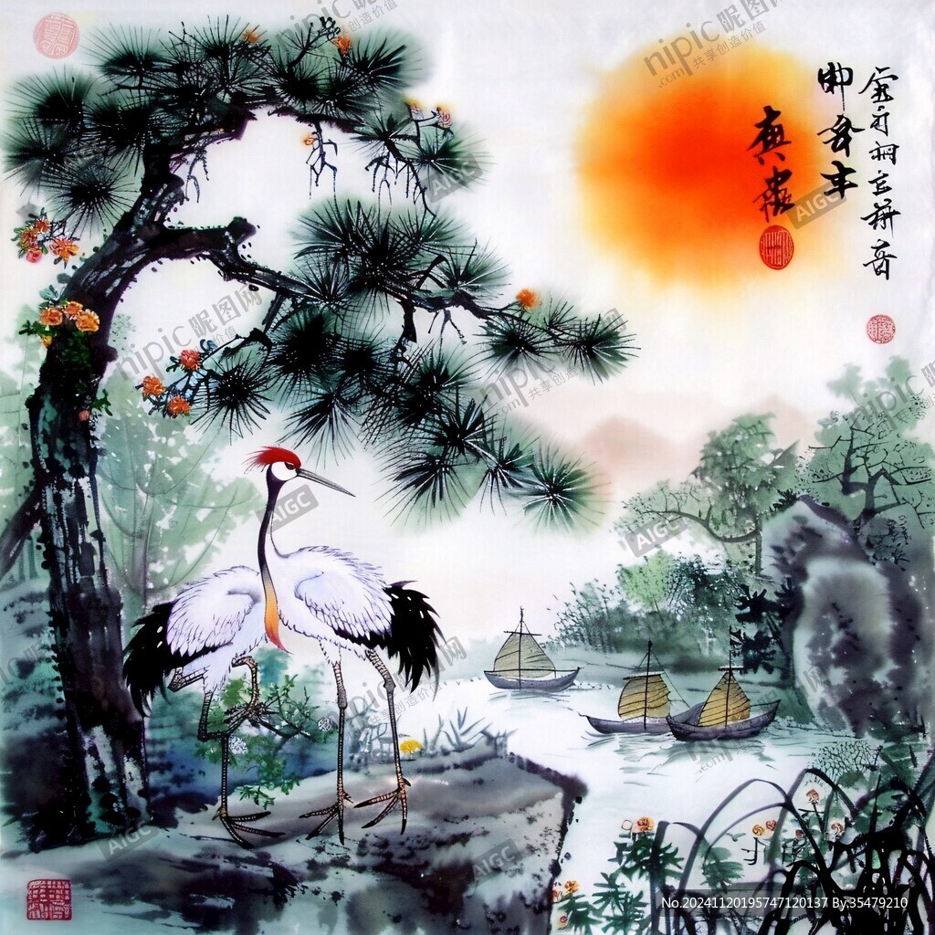 旭日東升閣樓仙鶴