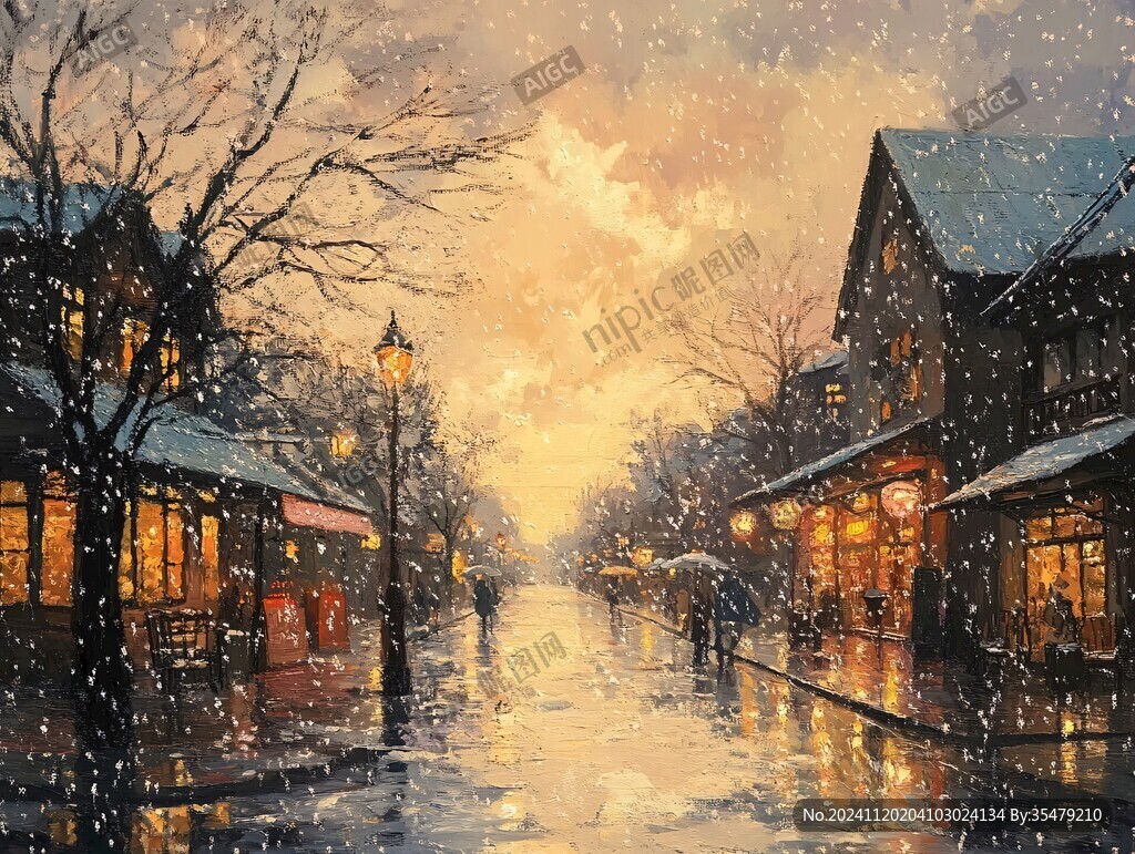 昏黃的雪景街道
