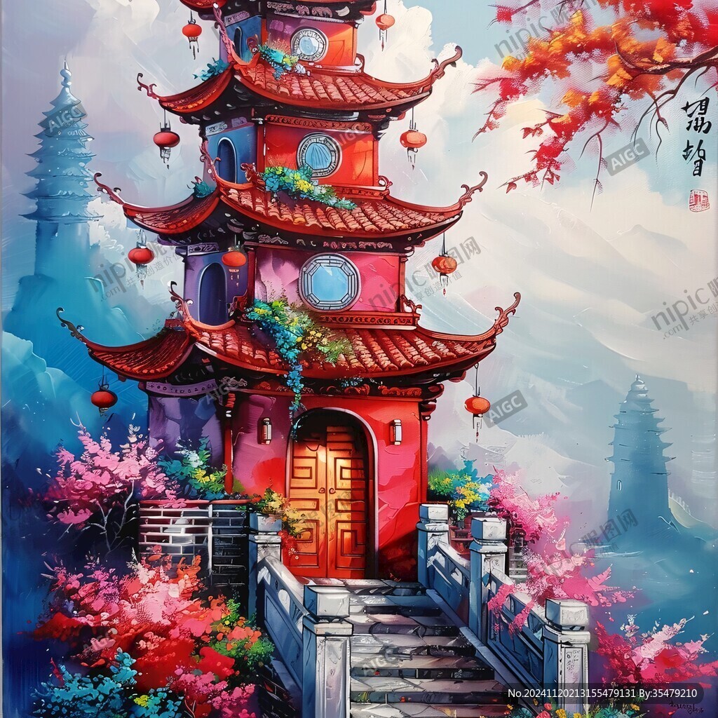 古建筑樓閣玄關掛畫