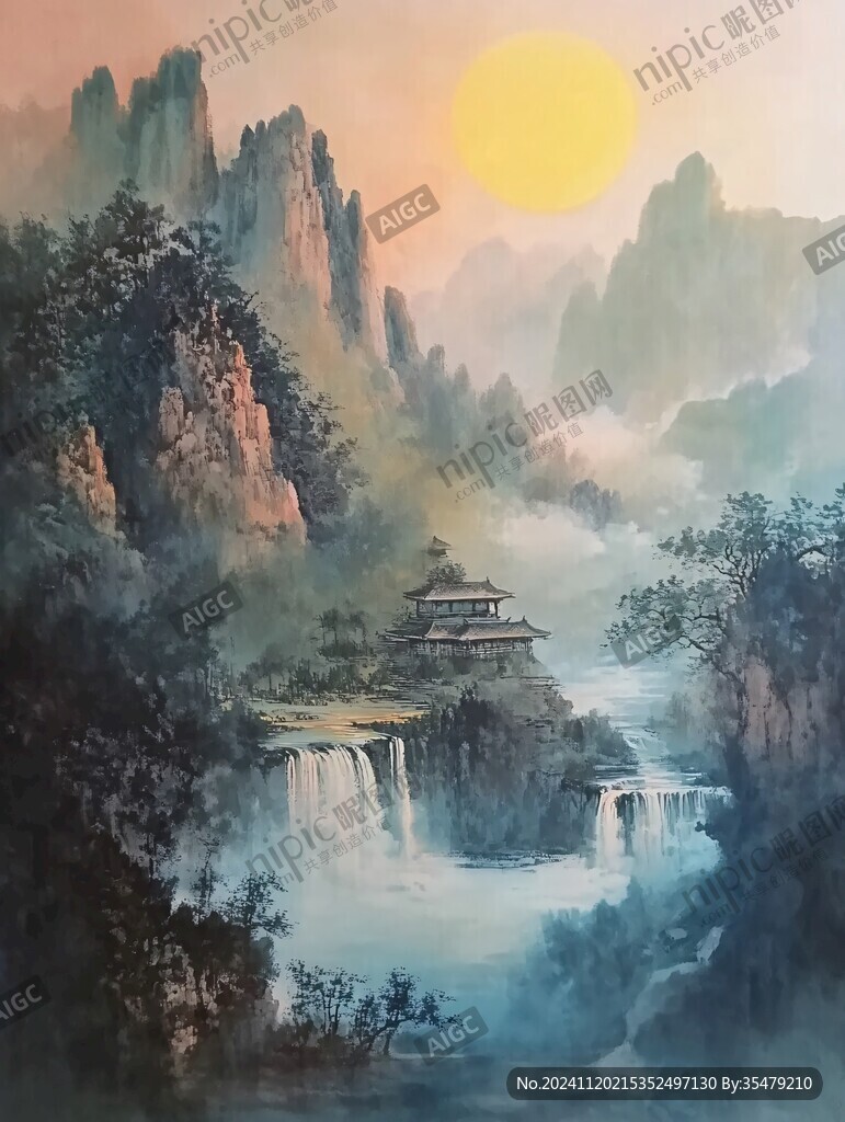 旭日東升樓閣山水畫(huà)