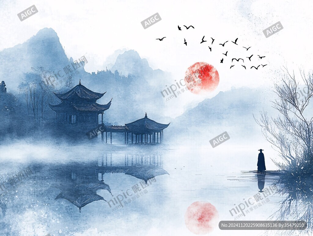 藍色風格水墨風光
