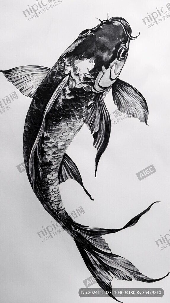 黑白手繪鯉魚