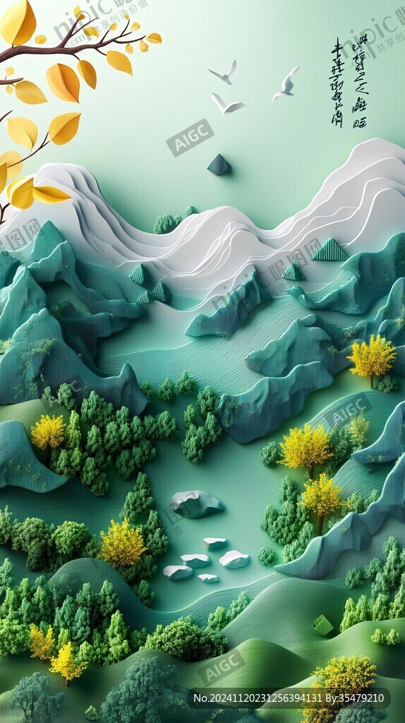 手繪青綠山水秋景