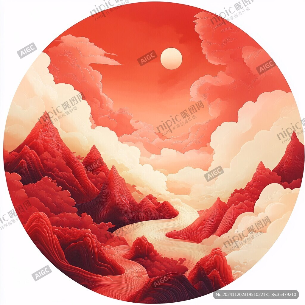 山水圓形插畫