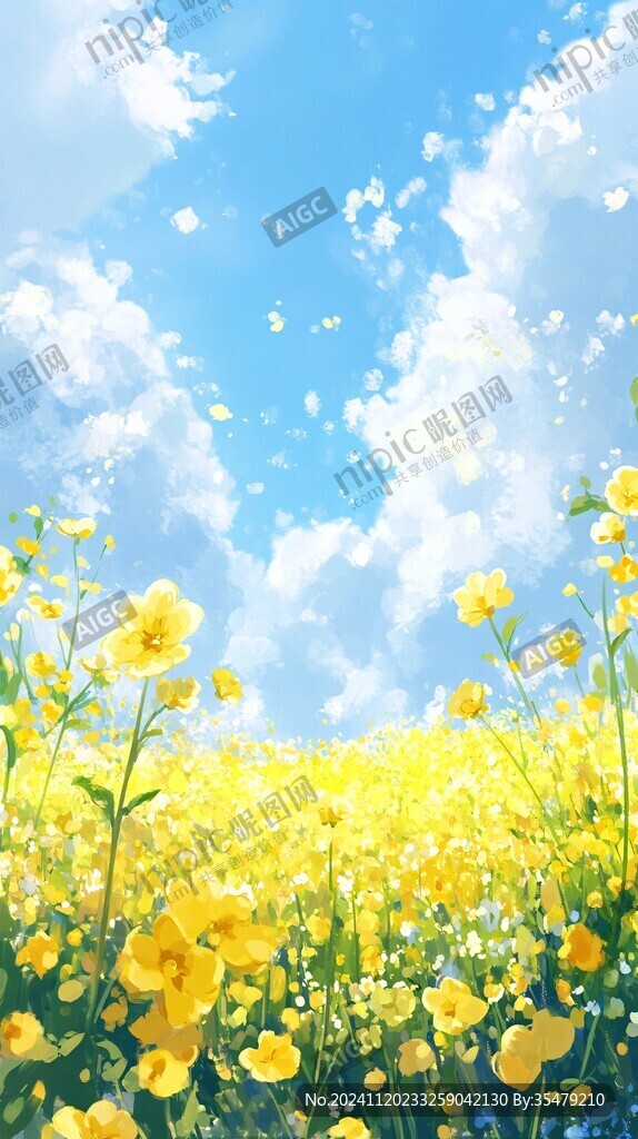 藍天白云油菜花油畫