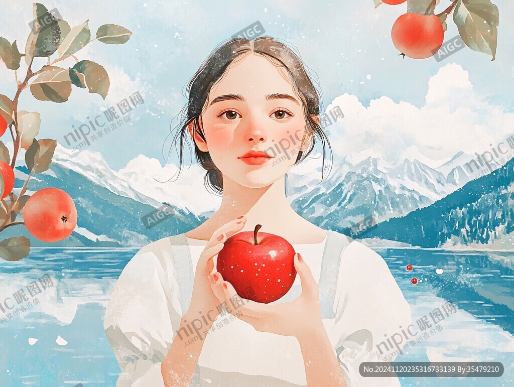 蘋果水果插畫女孩