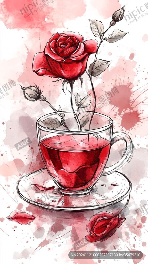 玫瑰花茶插畫