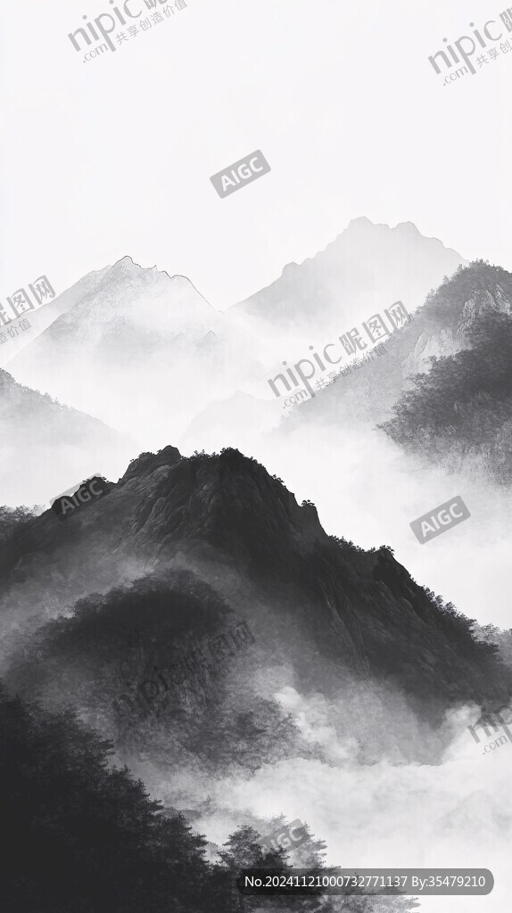 墨韻禪意山峰群山云霧