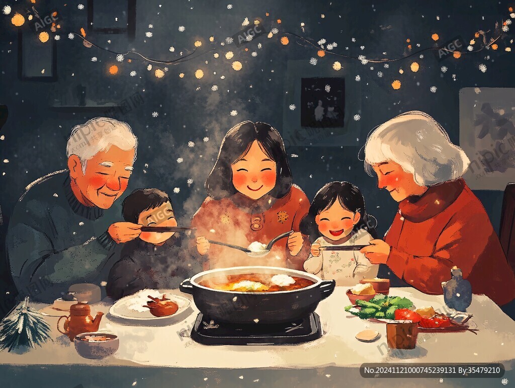 一家人吃年夜飯插畫