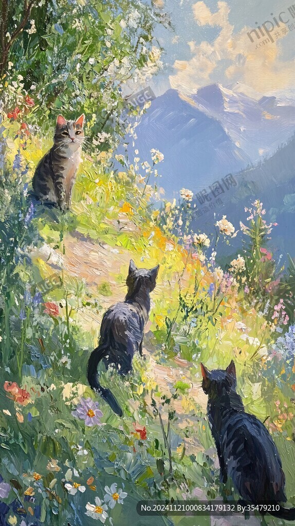 花叢邊的貓咪插畫
