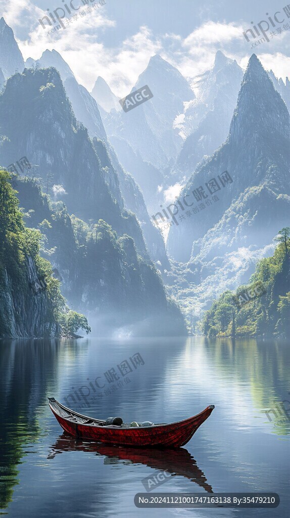 舟河流山峰背景墻