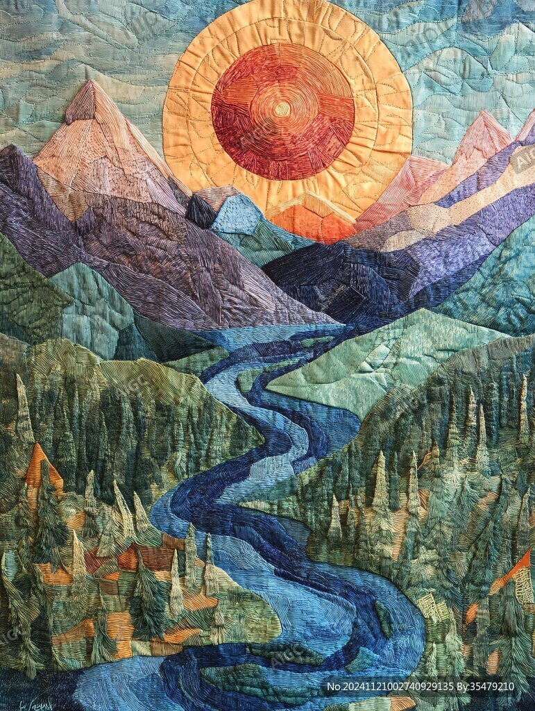 手繪油畫群山河流線條