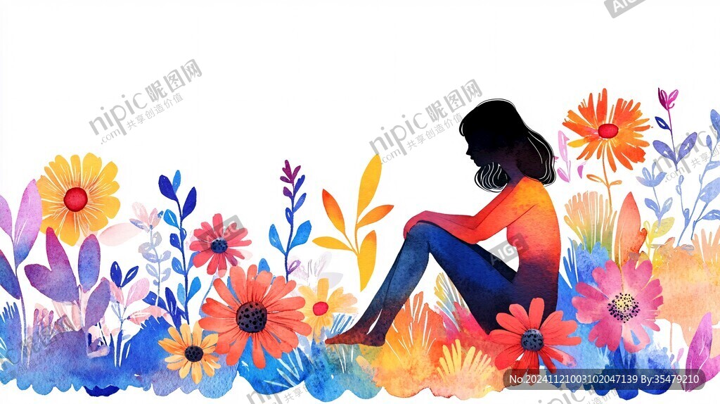 花叢女孩插畫