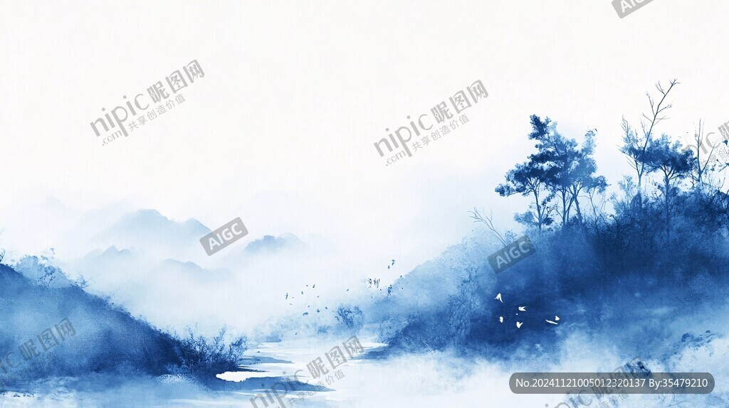 藍色風格水墨風光