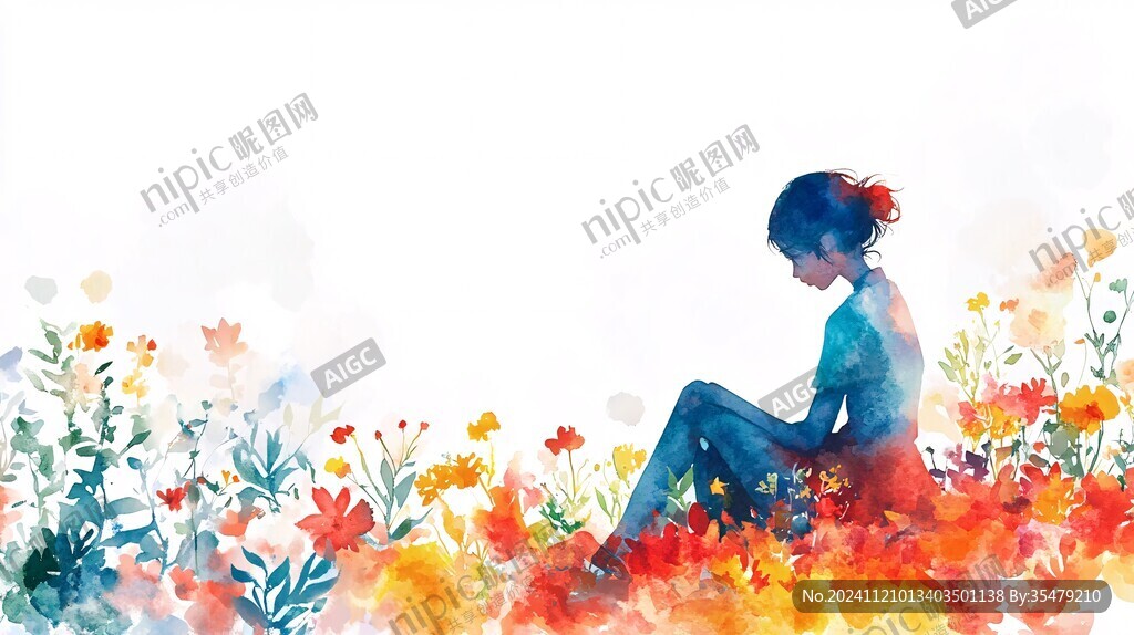 花叢女孩插畫