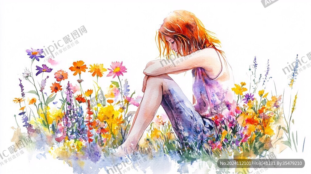 花叢女孩插畫
