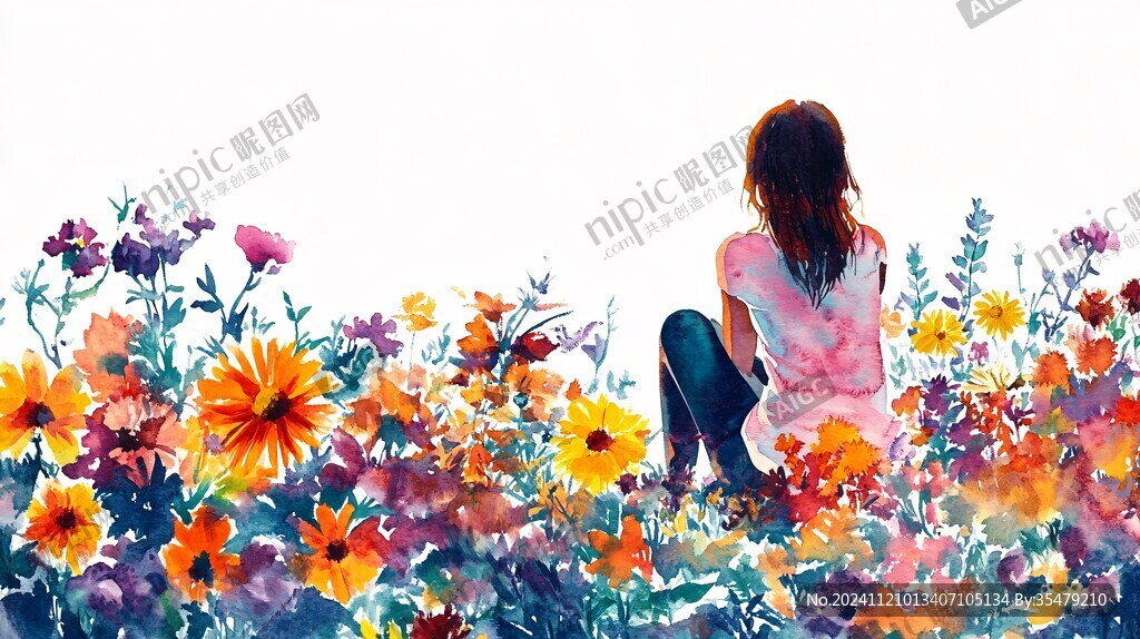 花叢女孩插畫