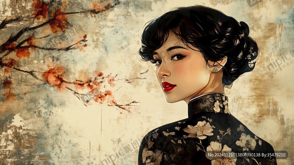 水彩風優雅旗袍美人