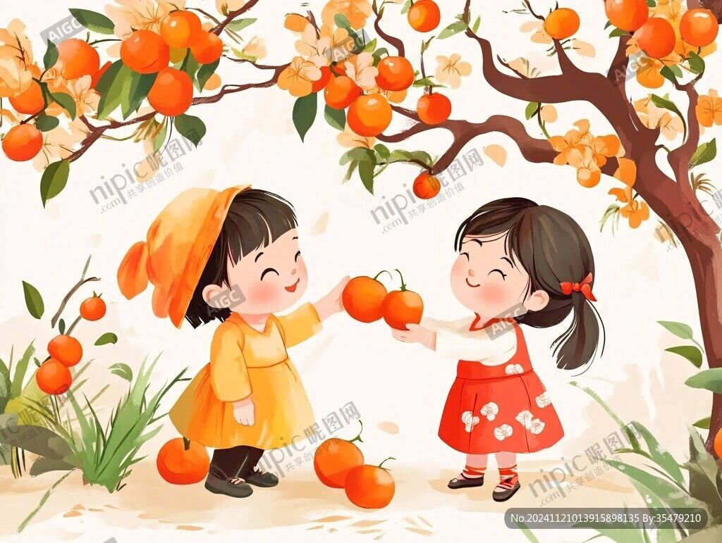 小女孩摘蘋果插畫