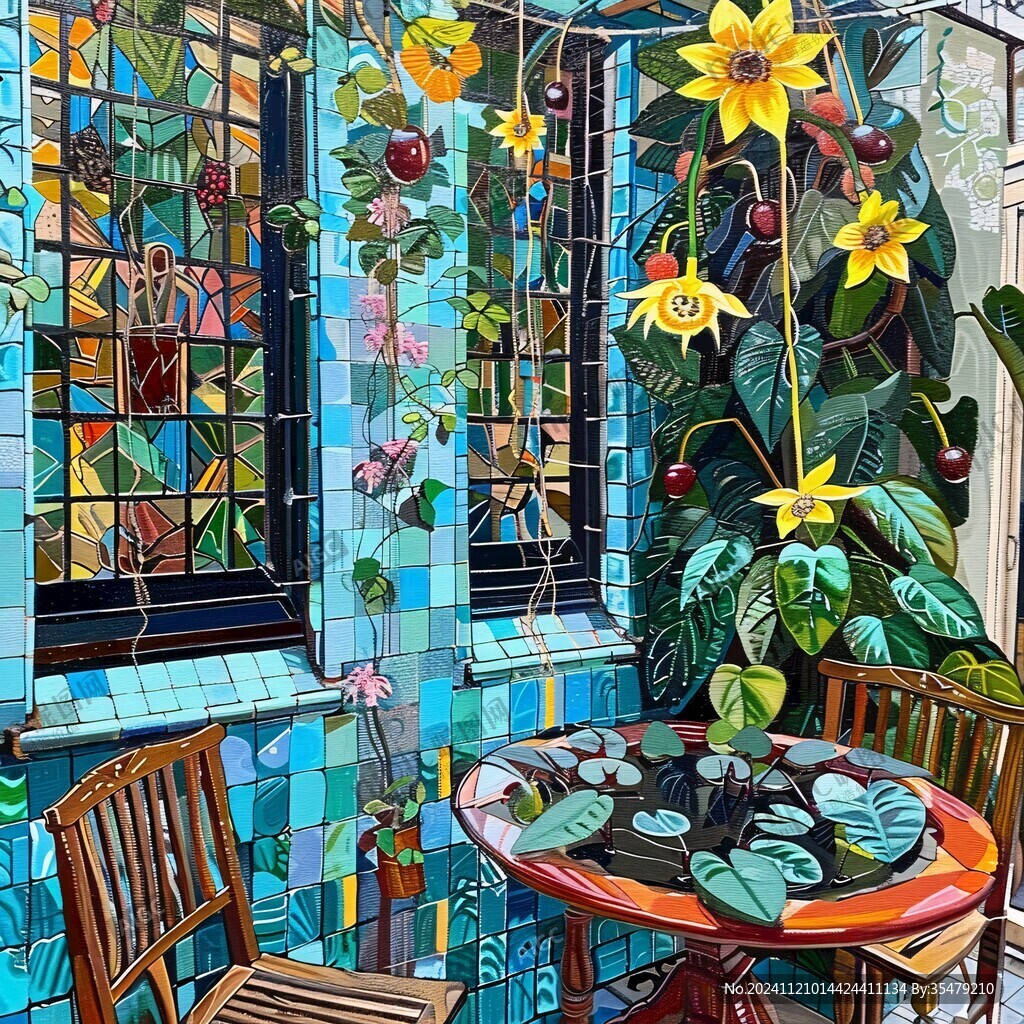 閣樓花鳥插畫
