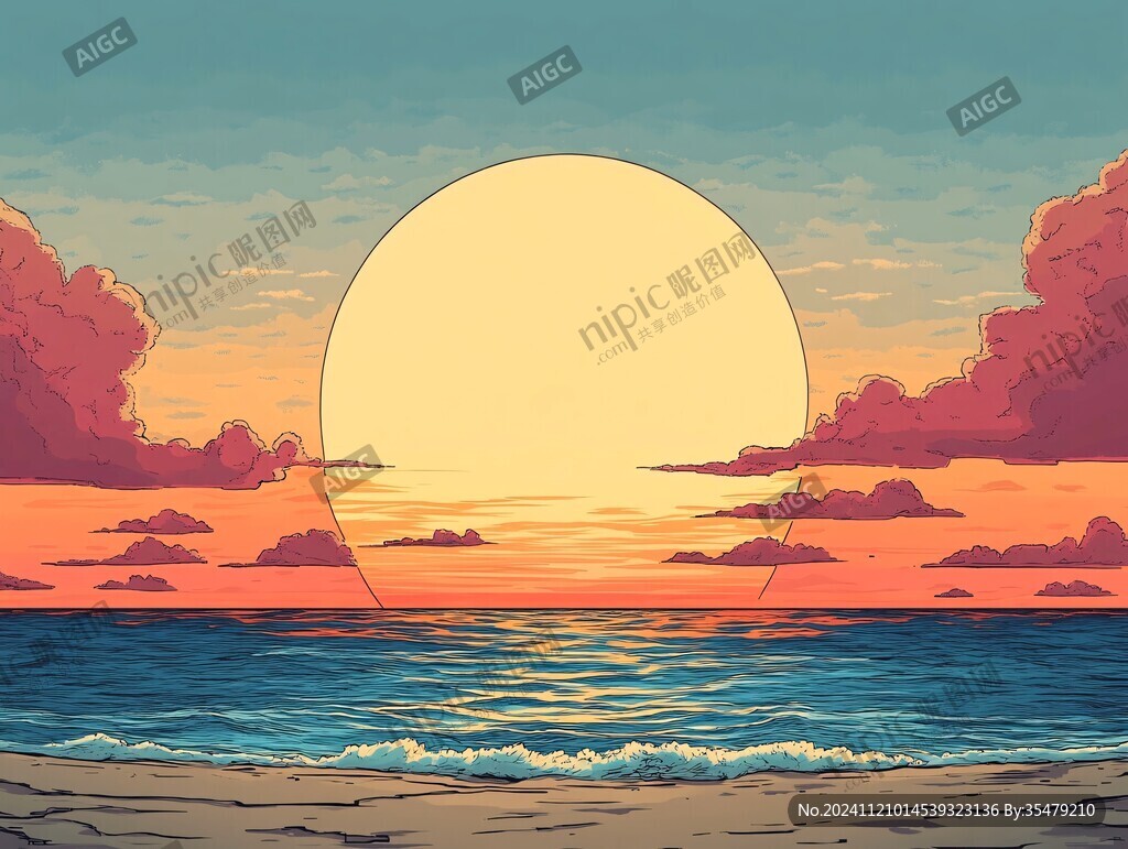 海邊落日插畫