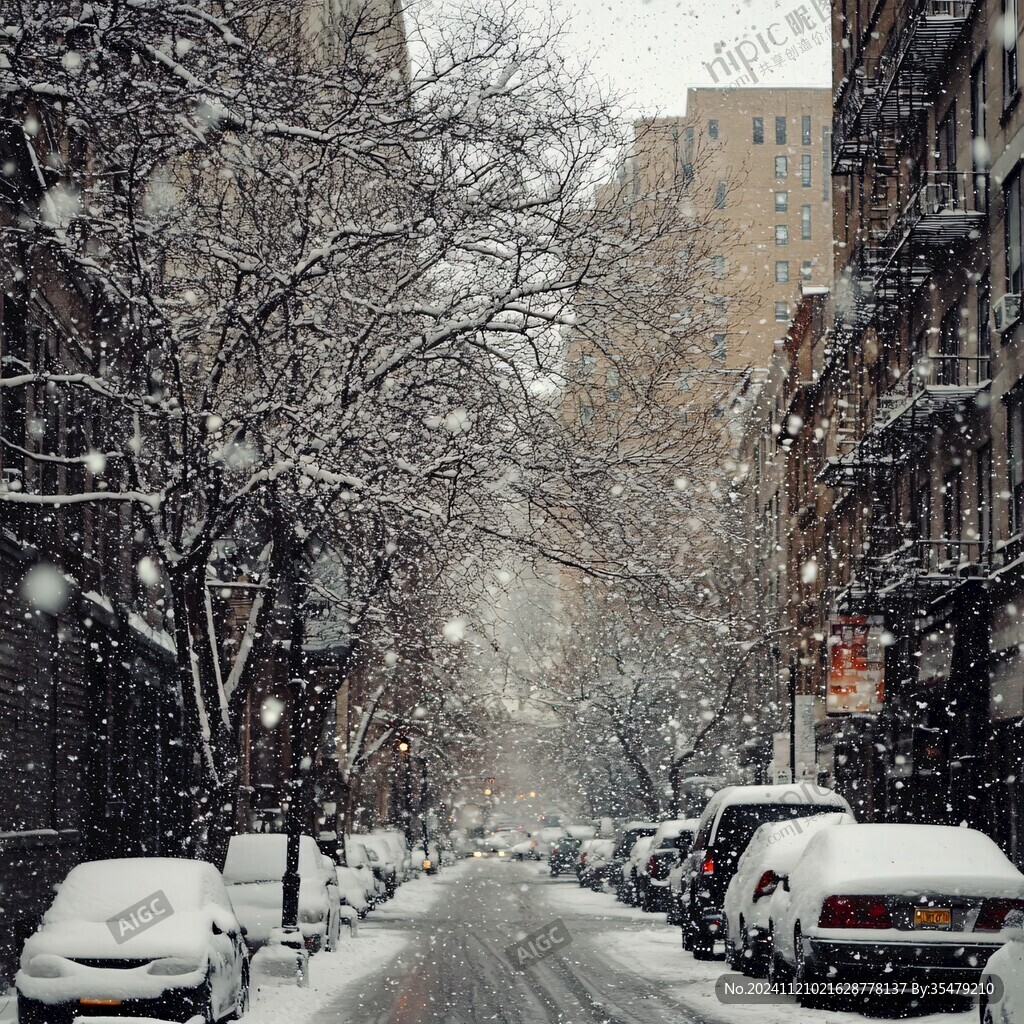 街道兩旁的樹木上覆蓋著積雪