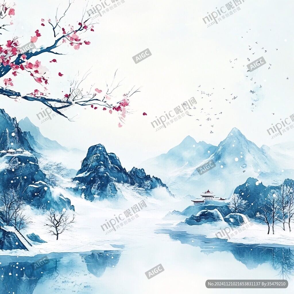 雪景山水插畫