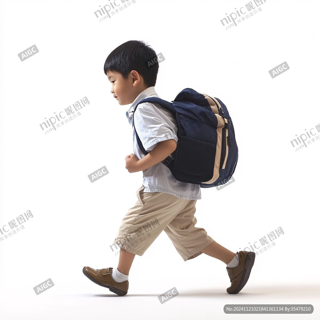 背著書包奔跑的小男孩