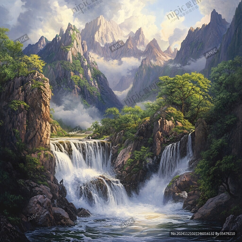 山水風(fēng)景油畫瀑布