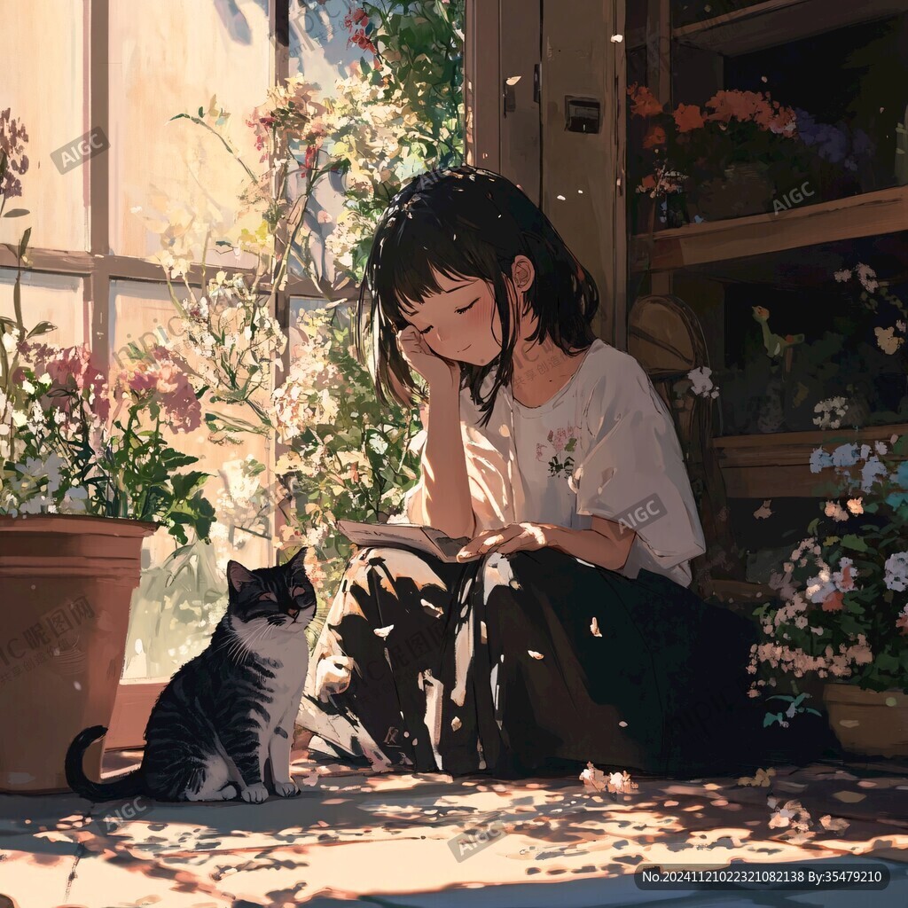 擼貓少女插畫