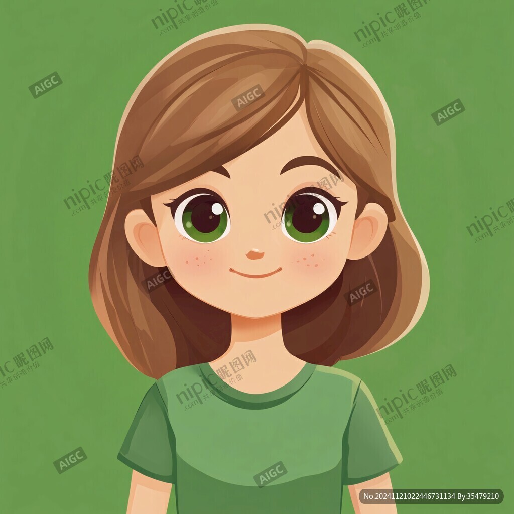 手繪綠色小女孩