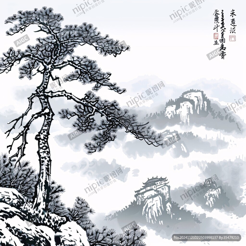 迎客松水墨寫意畫