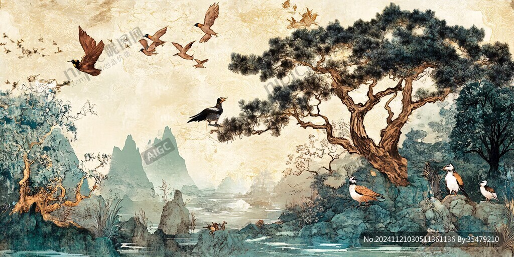 中式迎客松瑞鶴圖