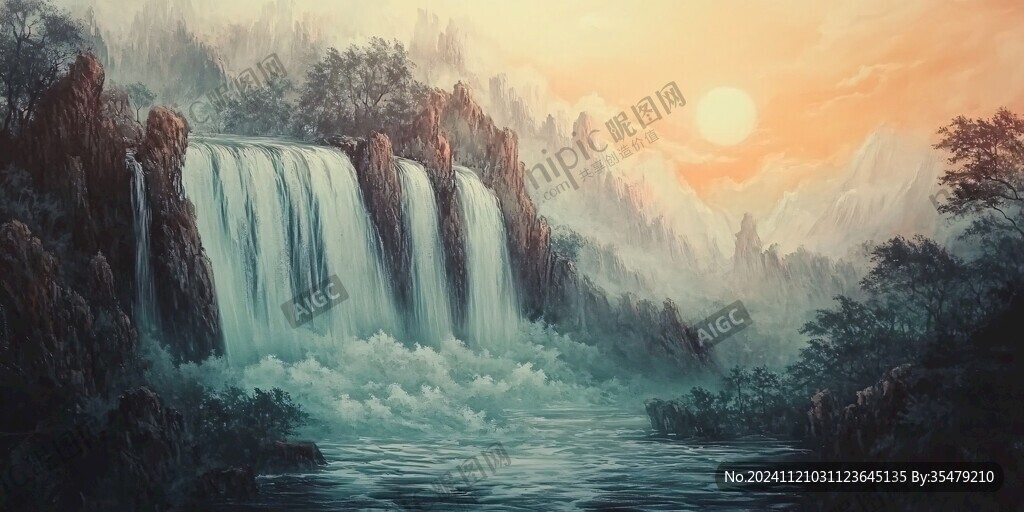 山水風景油畫瀑布