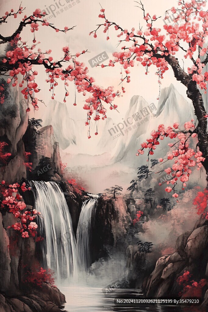 工筆紅梅山水畫(huà)