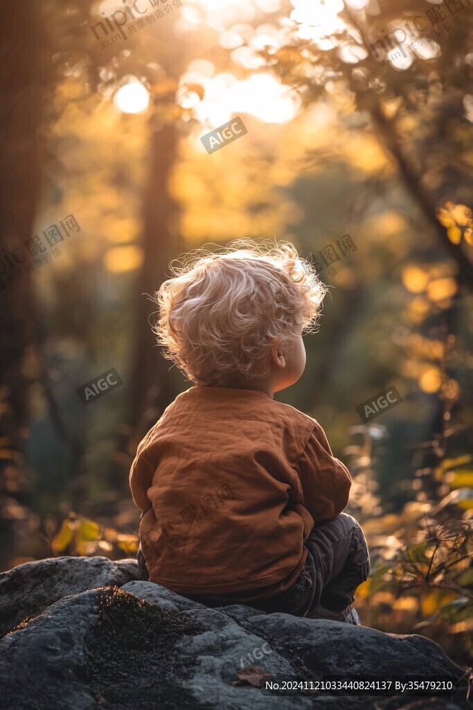 夕陽下玩耍的小男孩