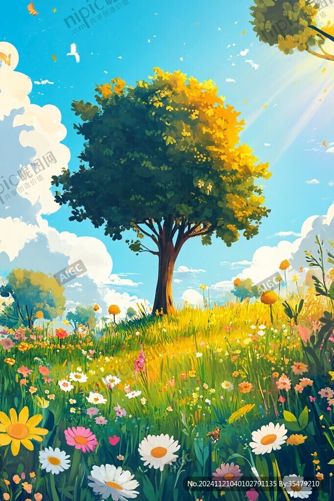 大樹綠葉草地花叢