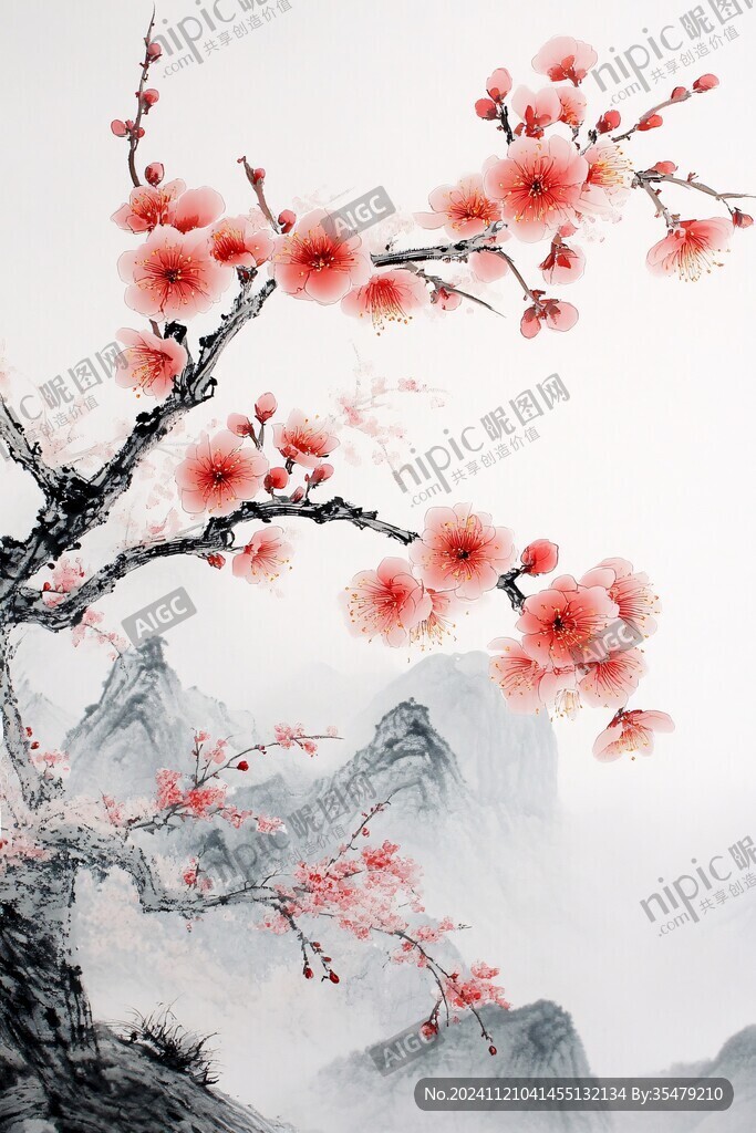 工筆紅梅山水畫