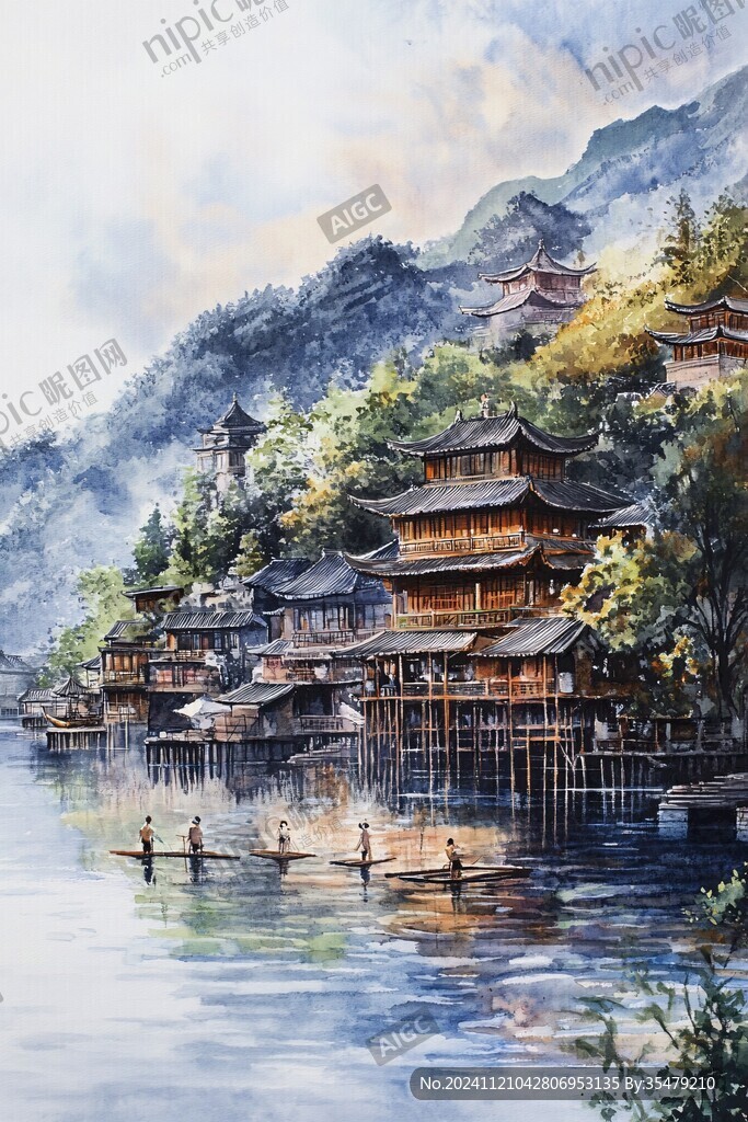 橫店水彩水墨山水